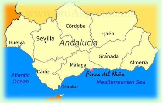 Map of Andalusia with Costa del Sol and Málaga