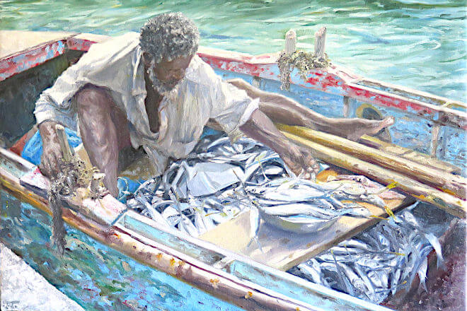 painting of Fisherman Carenage by painter Judith Jarvis