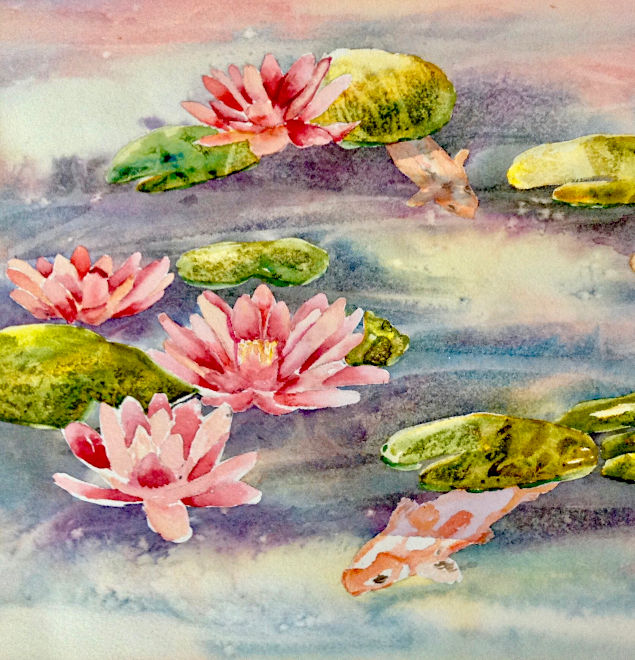 Acrylic painting of a pond with fishes and water lilies from painter Rita Carpenter