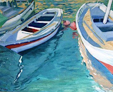 Boats in port, painting by Sara Pead