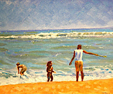 Family at the beach, painting by Sara Pead