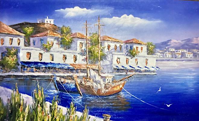 Acrylic painting of a little Brazil harbour from painter Maria Miza Tavares