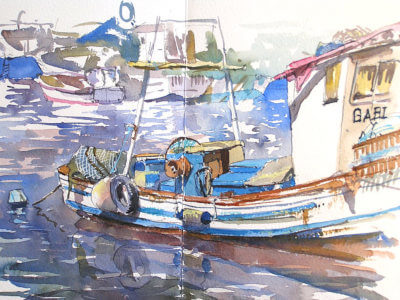 Watercolour painting of fisher boats