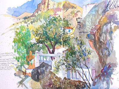 Watercolour painting of white village in the mountains