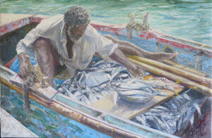 painting of a fisherman caenage by painter Judith Jarvis